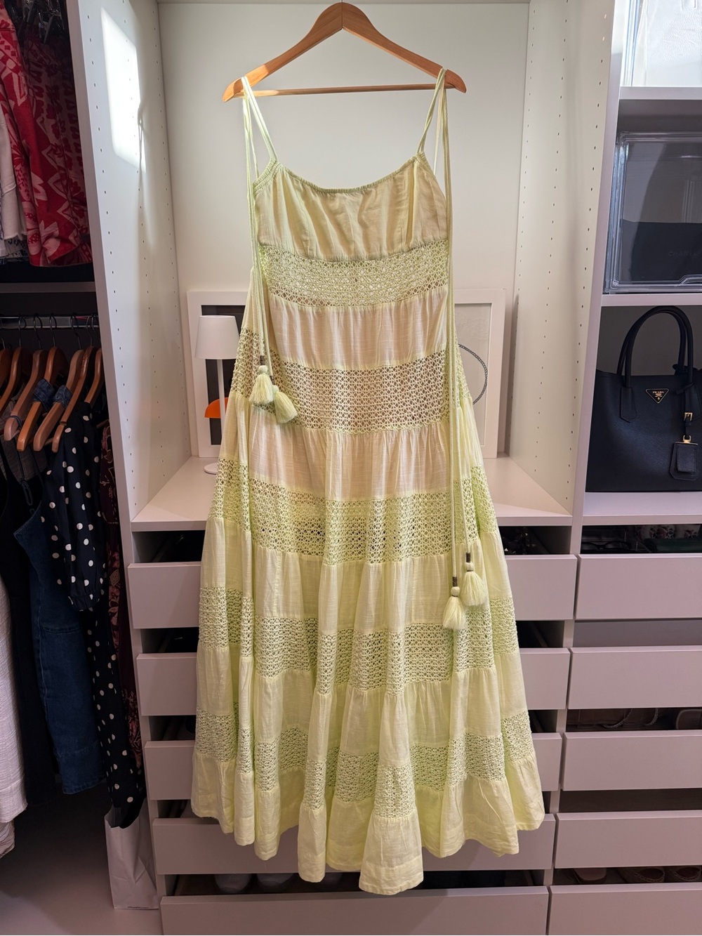 Anthropologie Pale Lime Tiered Maxi Dress with Tassel Ties